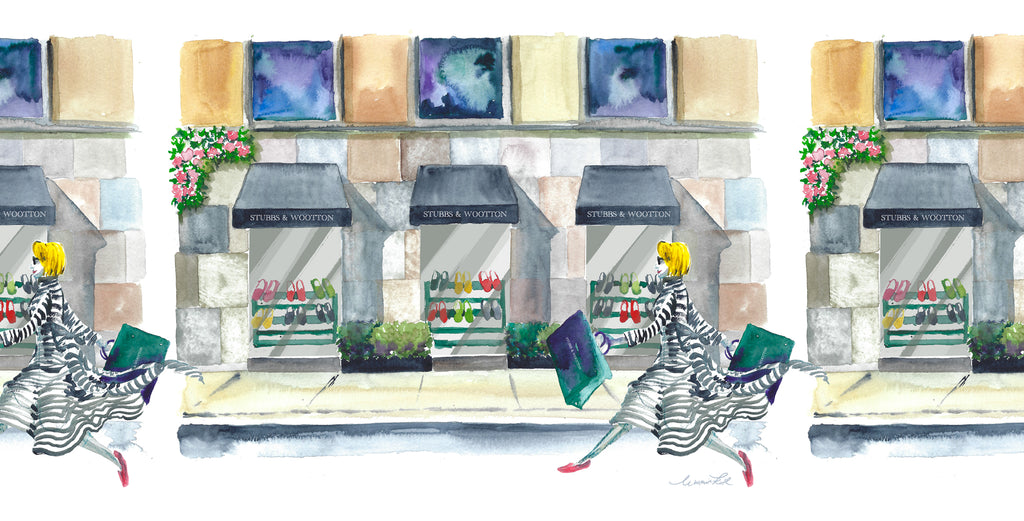 Watercolor artwork of a woman walking outside of our New York store.