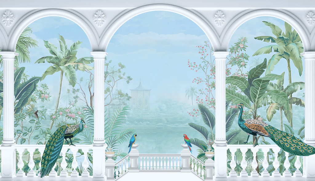 An illustration of peacocks and palm trees.
