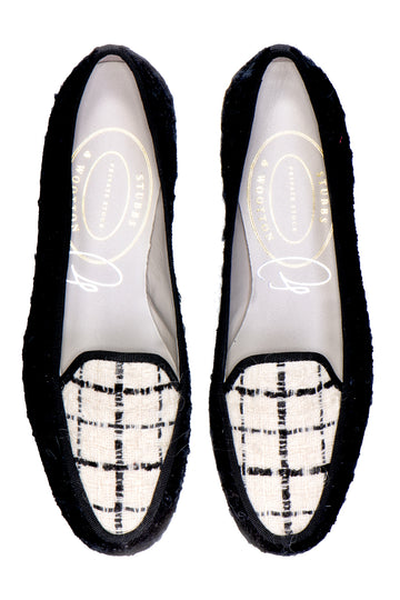 Our tweed black delux slipper on a white background.