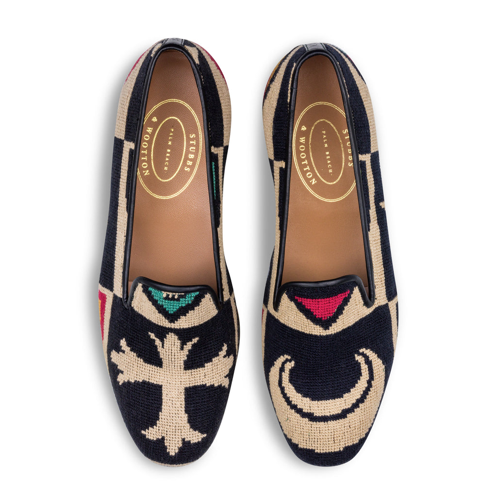 Our Crest Black Needlepoint Slipper (Women) item is photographed here against a white background.