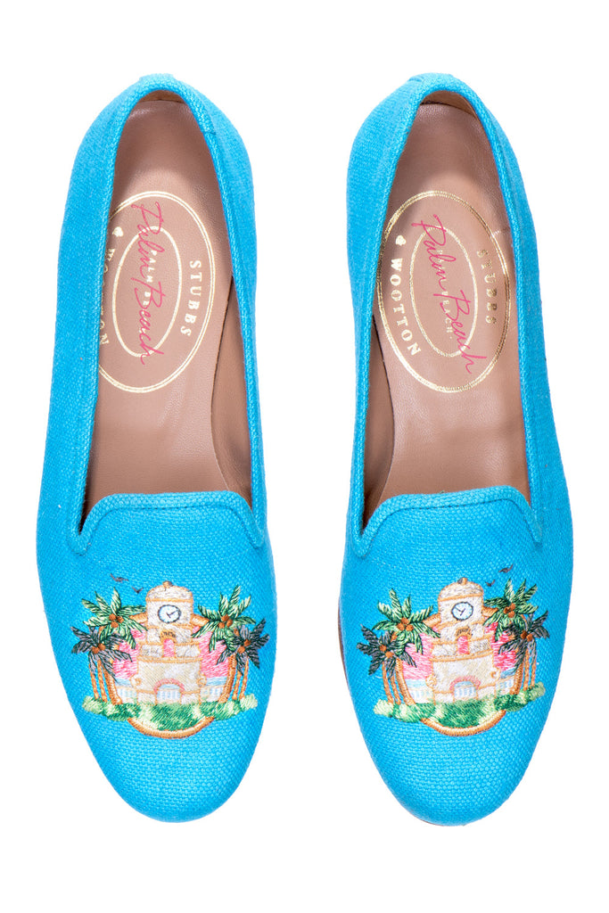 Our Clocktower Turquoise Linen Slipper (Women) item is photographed here against a white background.