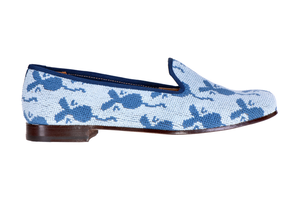 Our needlepoint blue mice slipper on a white background.