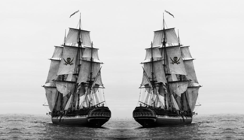 A reflected image of a pirate ship.