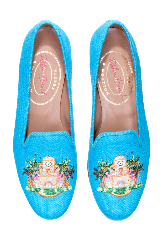 Our Clocktower Turquoise Linen Slipper (Women) item is photographed here against a white background.