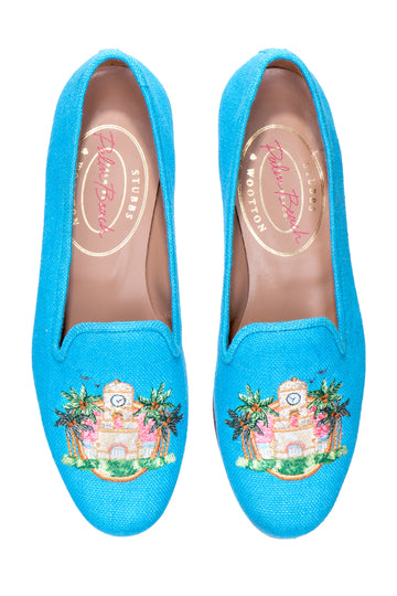 Our Clocktower Turquoise Linen Slipper (Women) item is photographed here against a white background.
