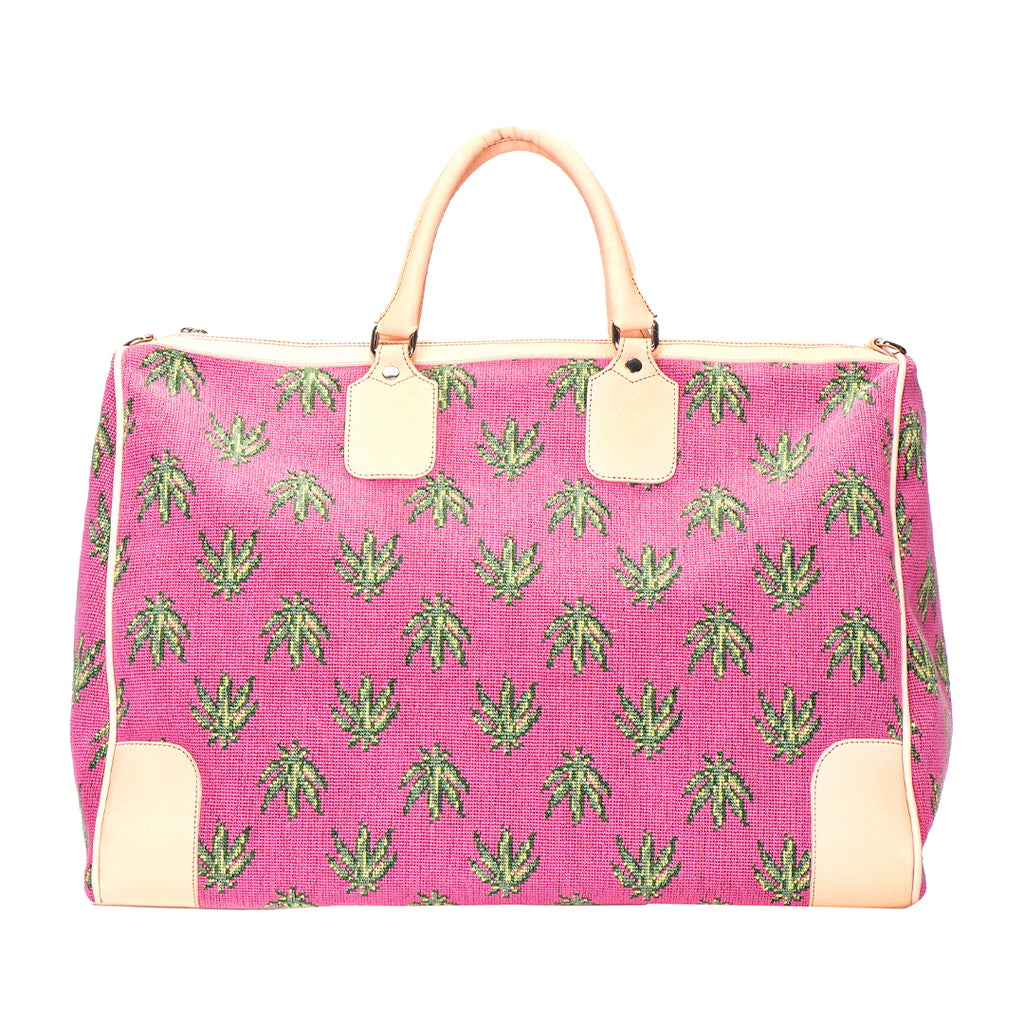 Our Hemp Pink Needlepoint Weekender item is photographed here against a white background.