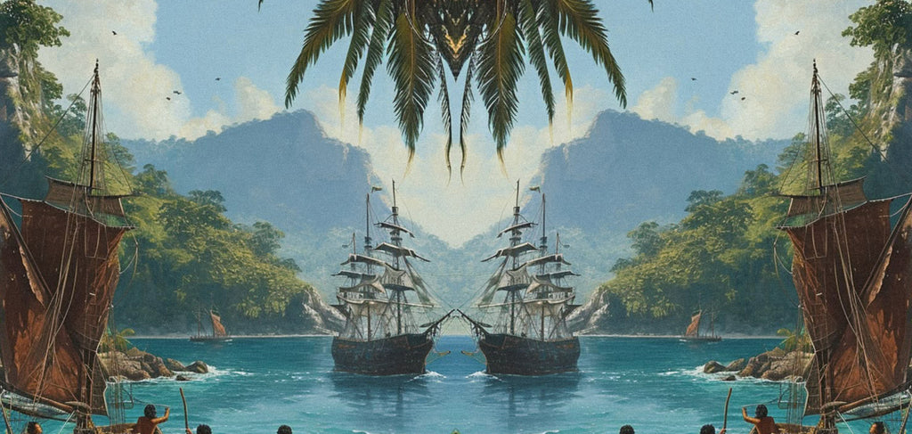 A painting of ships around an island.