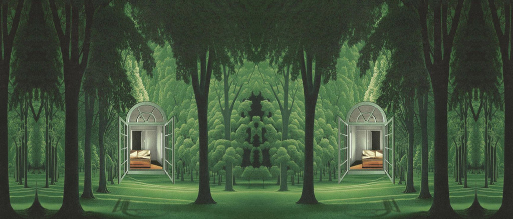 A reflected image of a home in a forrest.