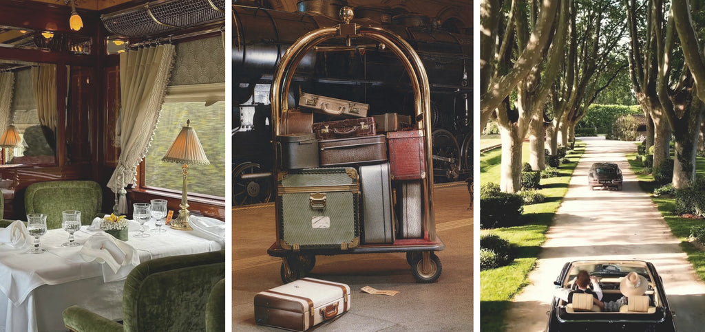 A collage of 3 images depicting a travel day in the early 1900s.