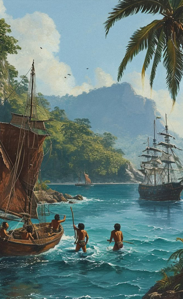 A painting of ships around an island.