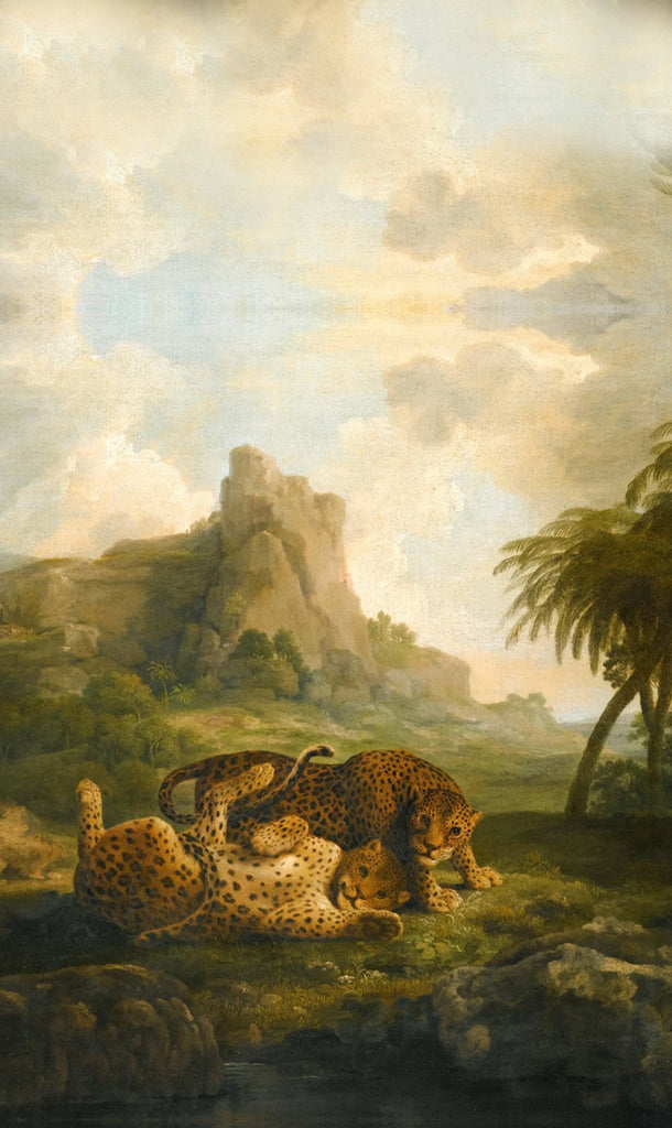 A painting by George Stubbs of leopards playing in a valley.