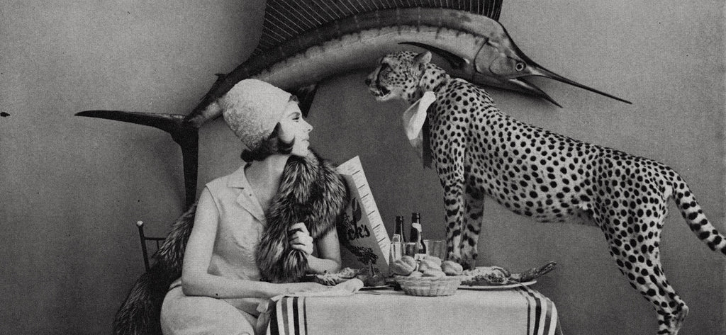 An old photograph of a woman and a cheetah having lunch in Palm Beach.