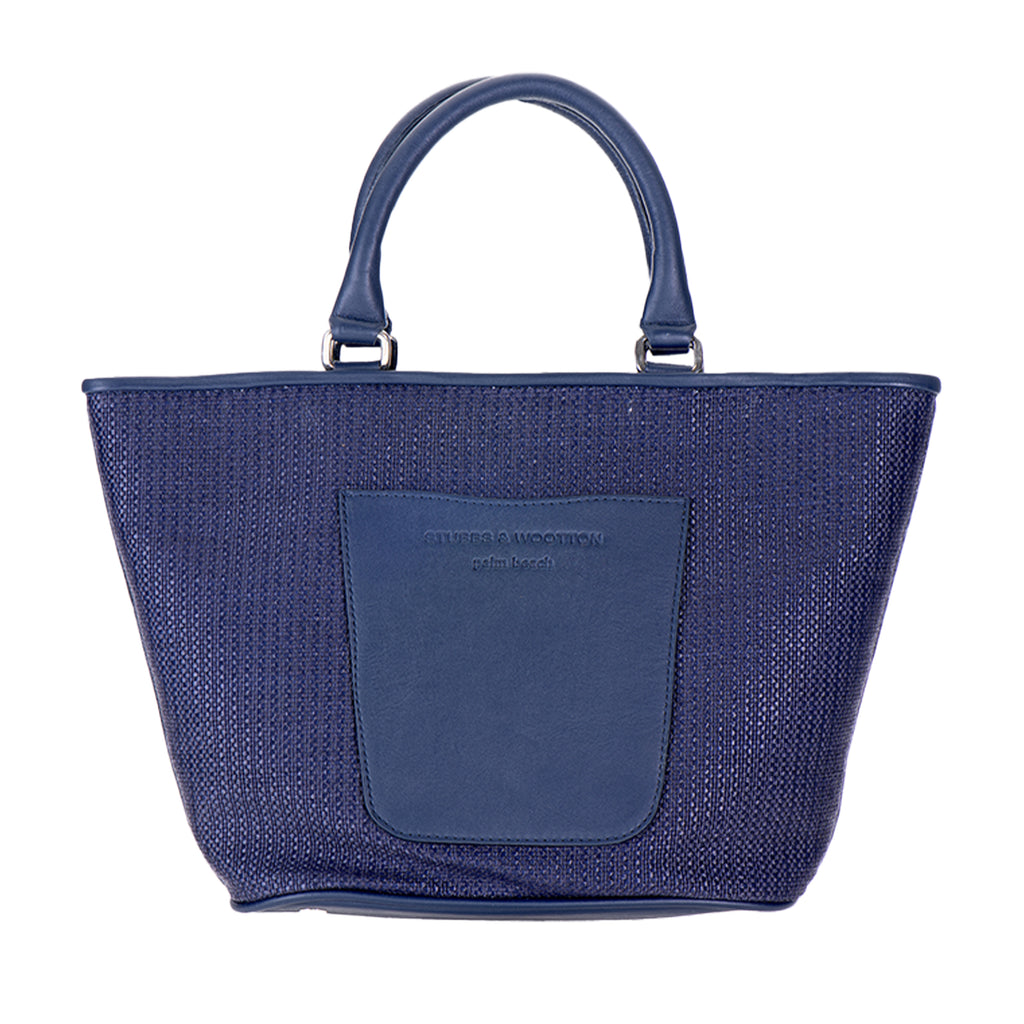 Our Raffia Navy Midi Tote Bag is photographed here against a white background.