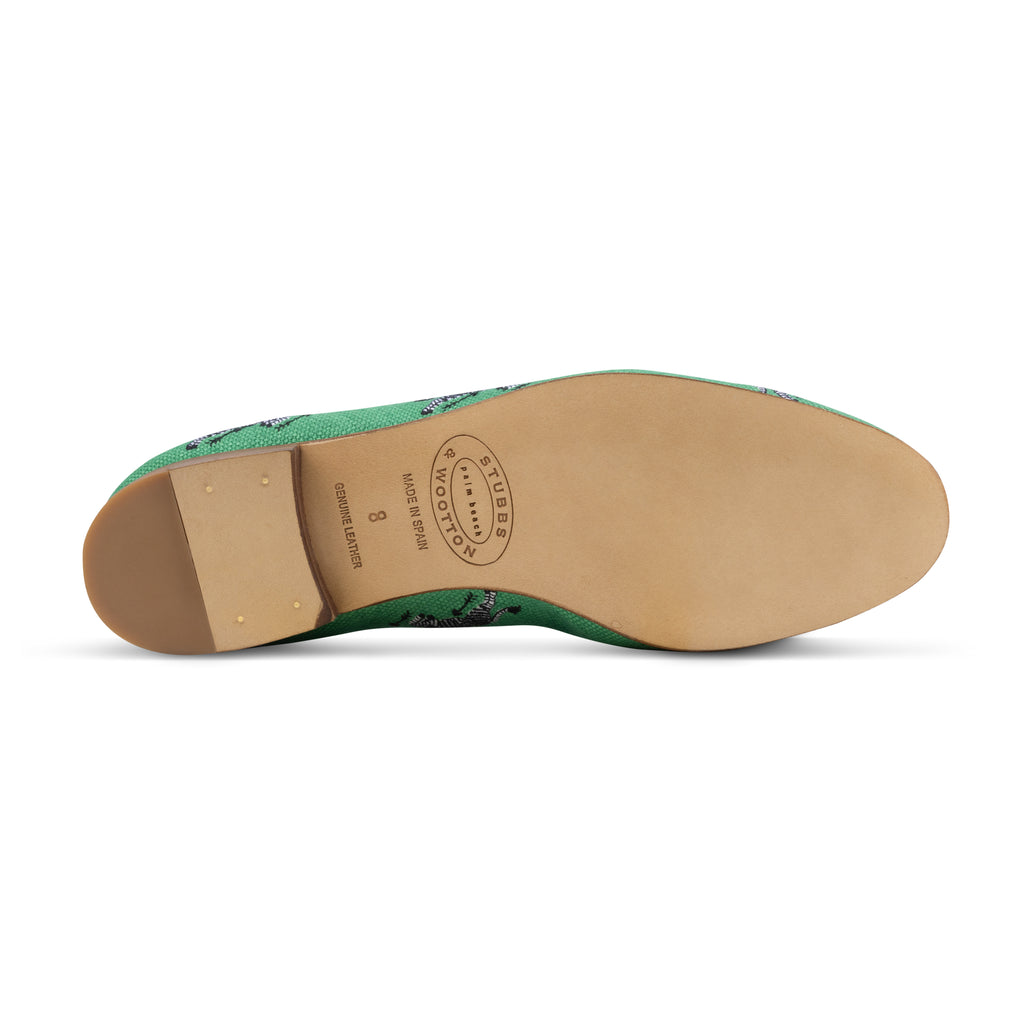 Our Allover Zebra Emerald Linen Slipper (Women) item is photographed here against a white background.