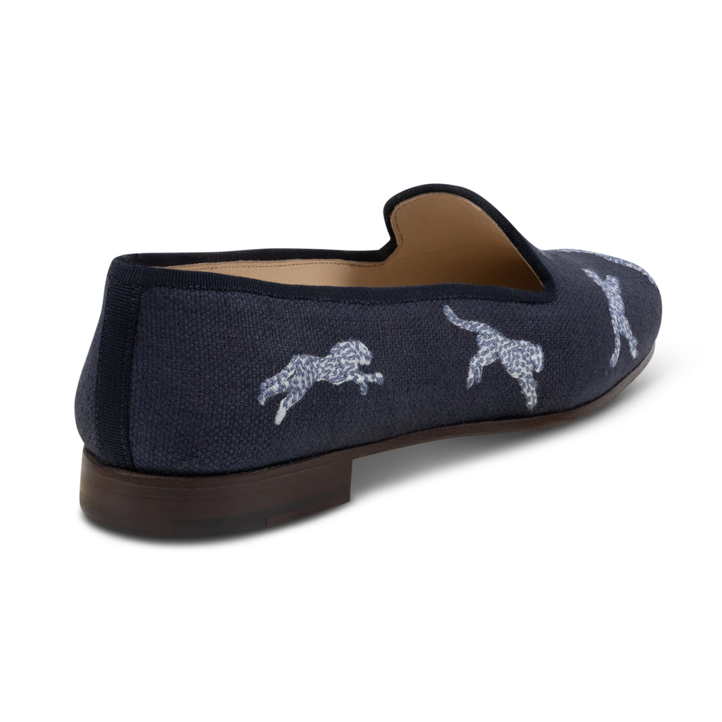 Our Allover Cheetah Navy Linen Slipper (Women) item is photographed here against a white background.