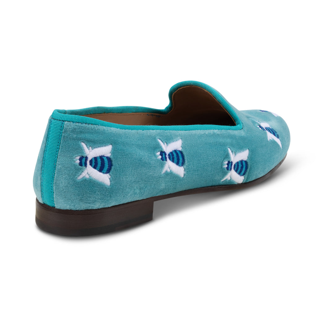 Our Buzzing Turquoise Velvet Slipper (Women) item is photographed here against a white background.