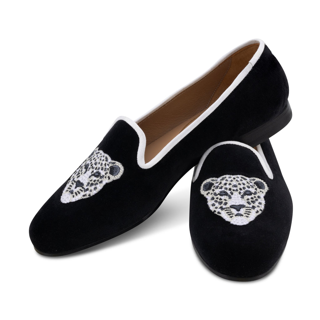 Our Jeweled Leopard Noir Velvet Slipper (Women) item is photographed here against a white background.
