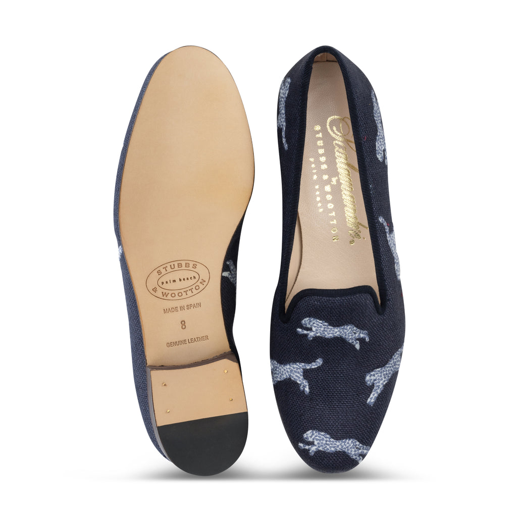 Our Allover Cheetah Navy Linen Slipper (Women) item is photographed here against a white background.