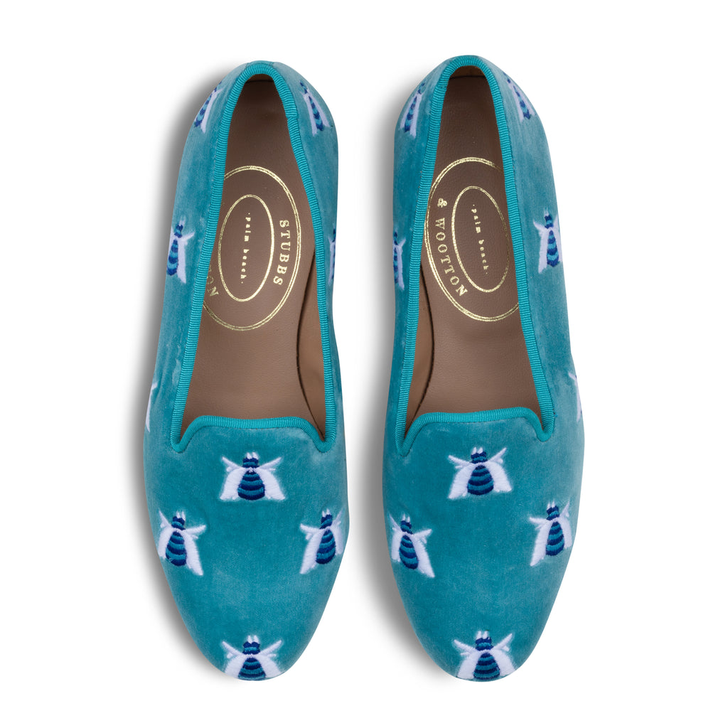Our Buzzing Turquoise Velvet Slipper (Women) item is photographed here against a white background.