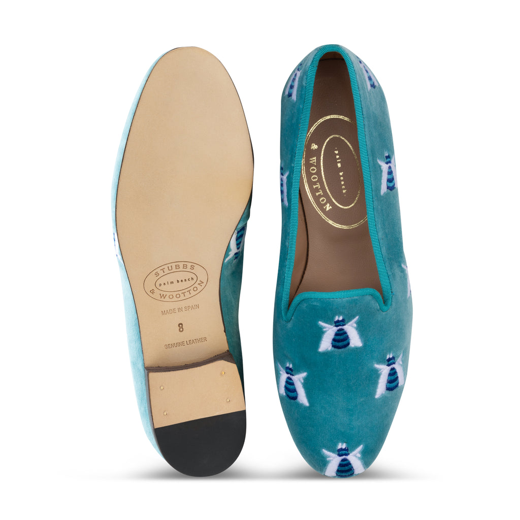 Our Buzzing Turquoise Velvet Slipper (Women) item is photographed here against a white background.