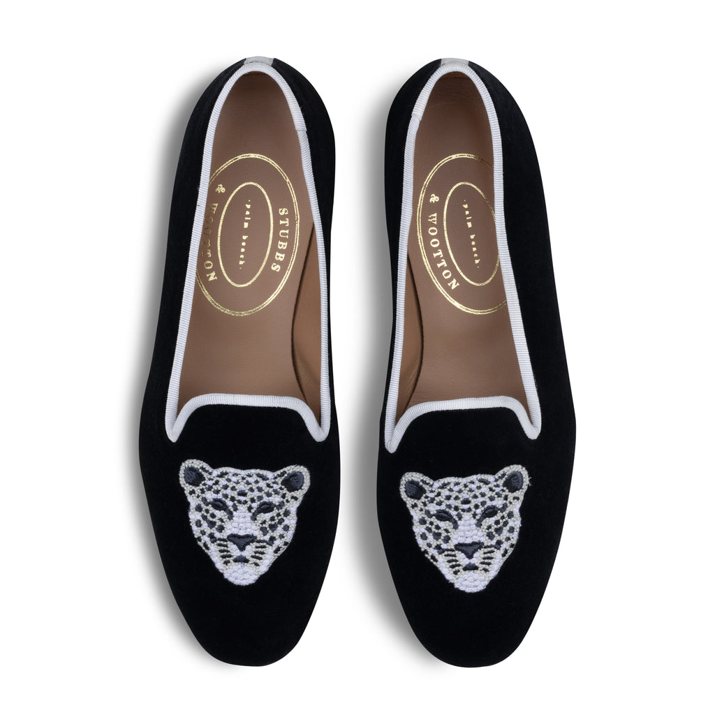 Our Jeweled Leopard Noir Velvet Slipper (Women) item is photographed here against a white background.