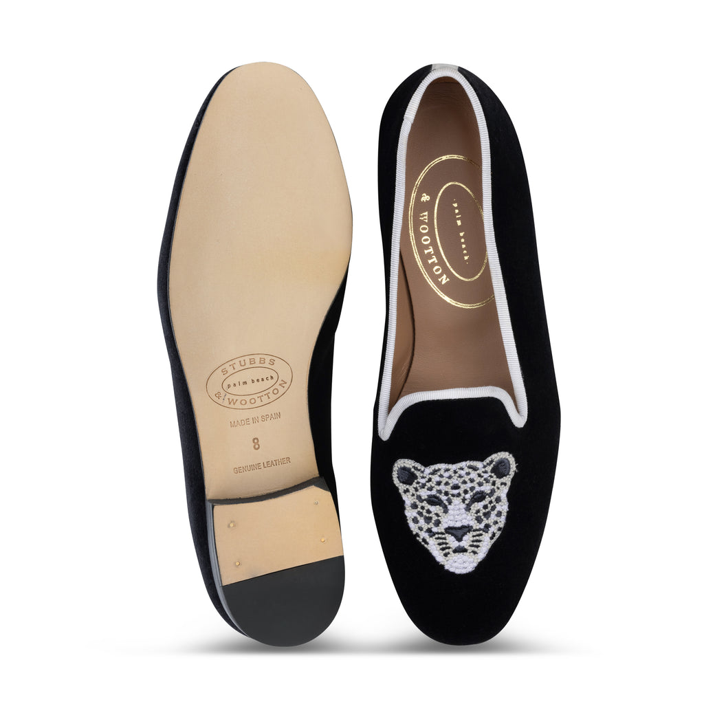 Our Jeweled Leopard Noir Velvet Slipper (Women) item is photographed here against a white background.