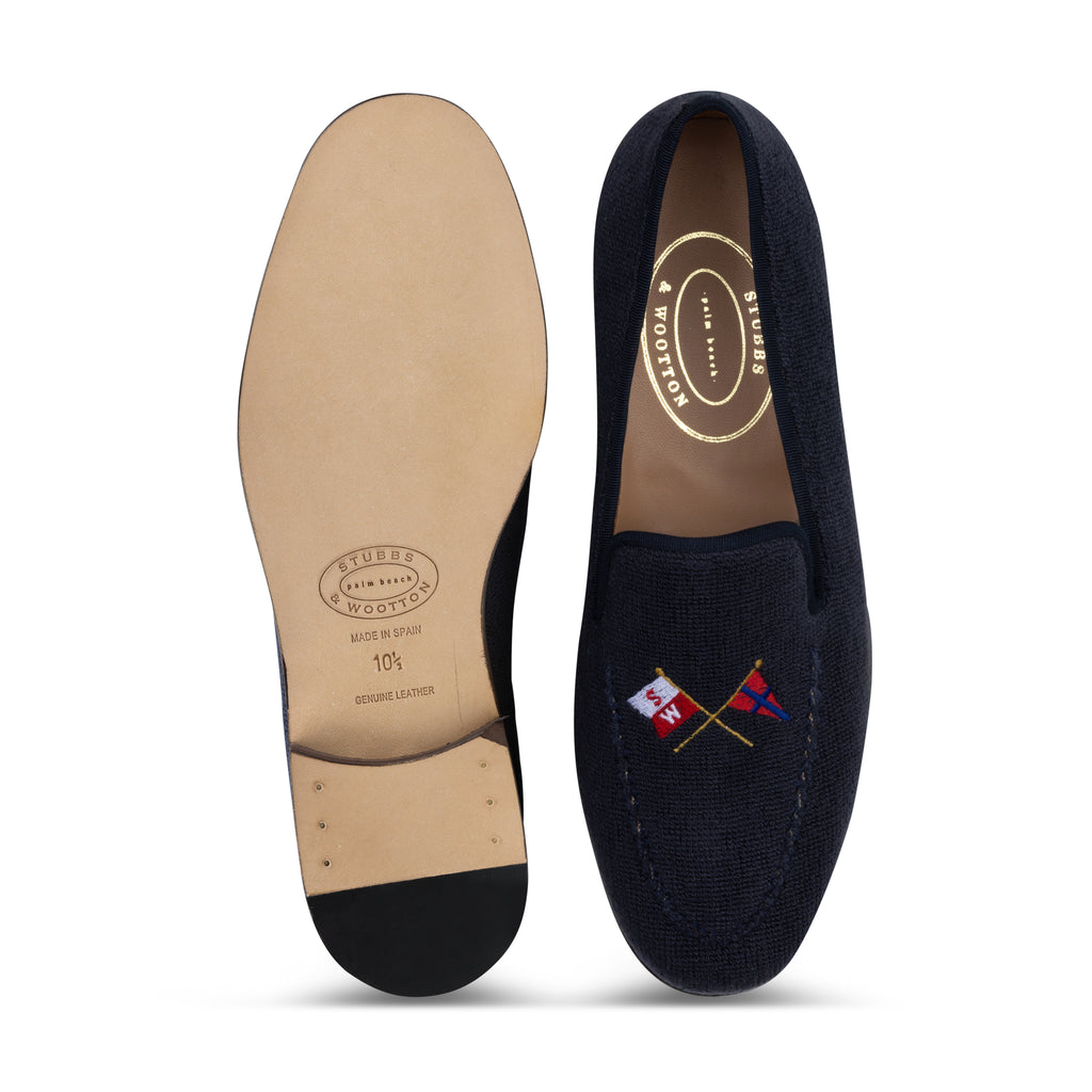 Our Burgee Navy Needlepoint Venetian (Men) item is photographed here against a white background.