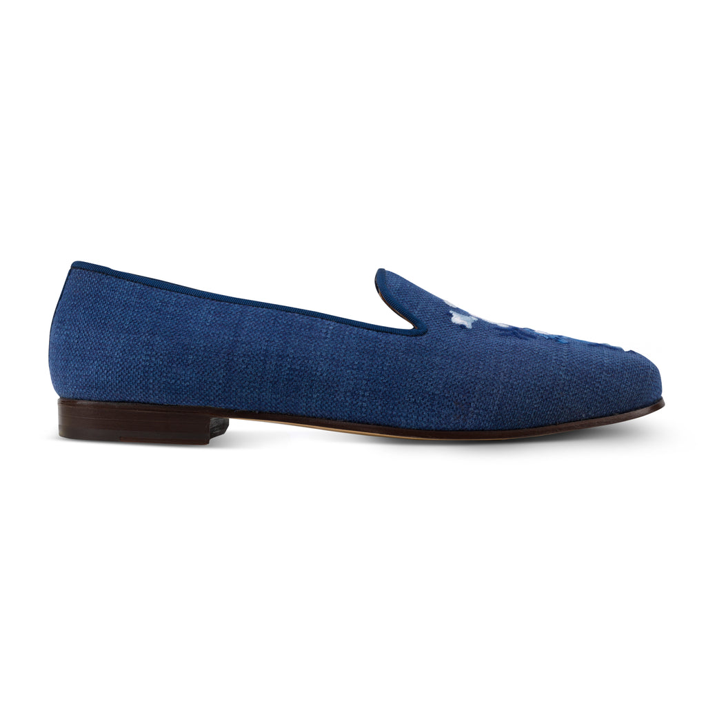 Our Porcelain Indigo Linen Slipper (Men) item is photographed here against a white background.