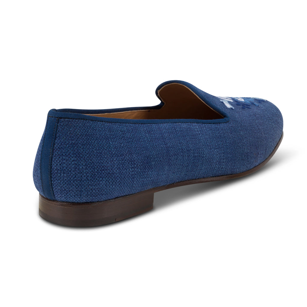 Our indigo slipper on a white background.