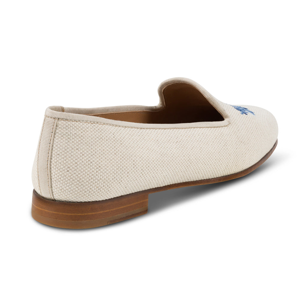 Our flax delft slipper on a white background.