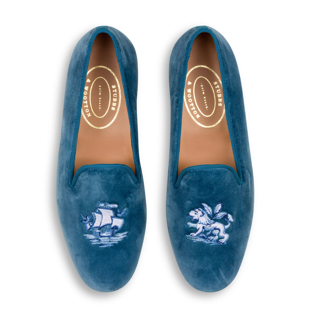 Our Dutch Cobalt Velvet Slipper (Men) item is photographed here against a white background.