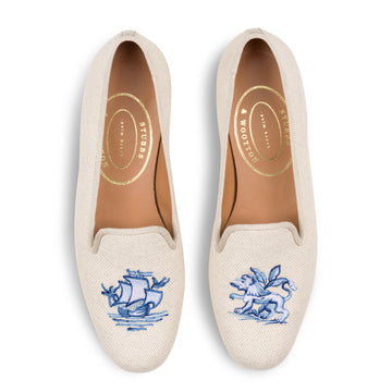 Our flax delft slipper on a white background.