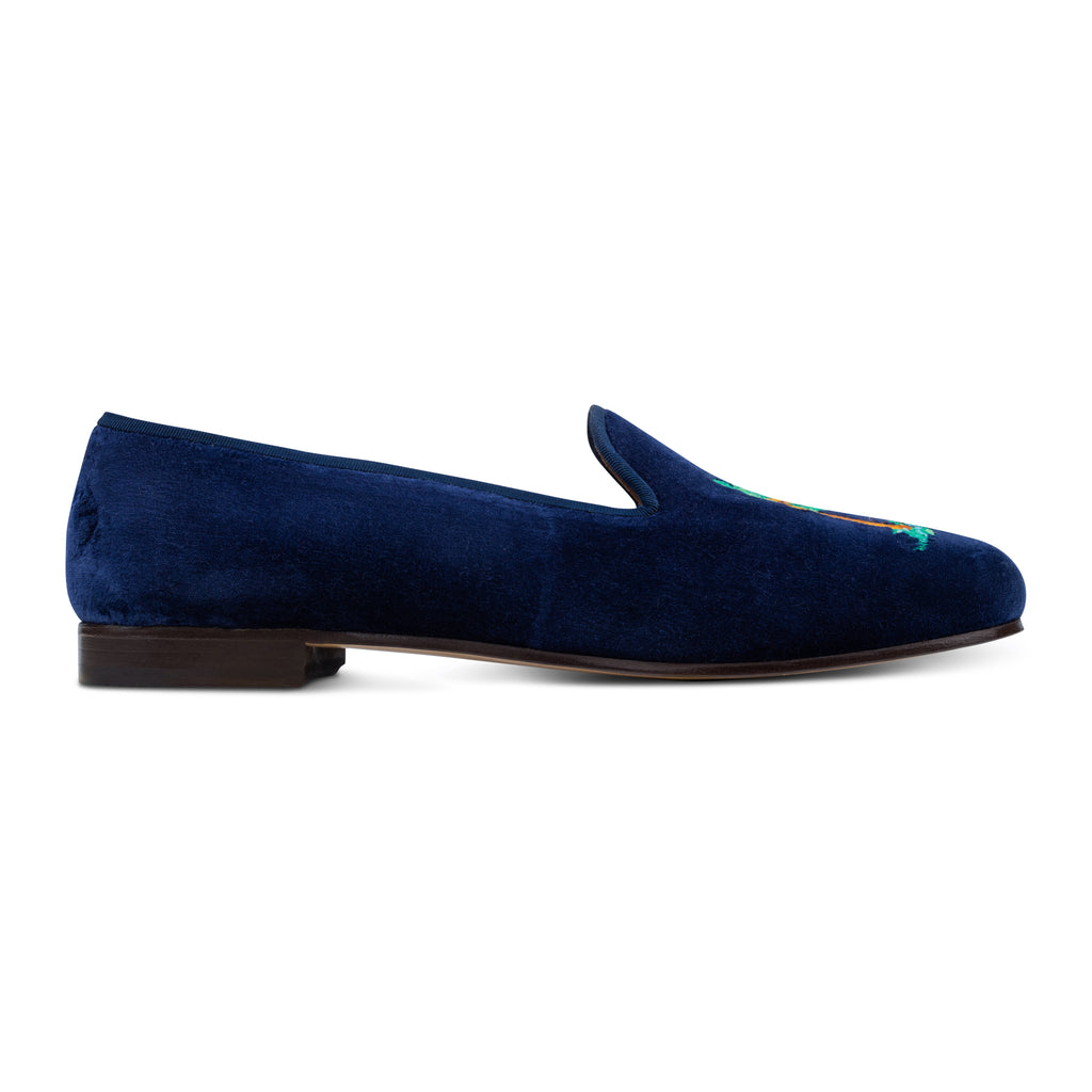 Our Storm Navy Velvet Slipper (Men) item is photographed here against a white background.