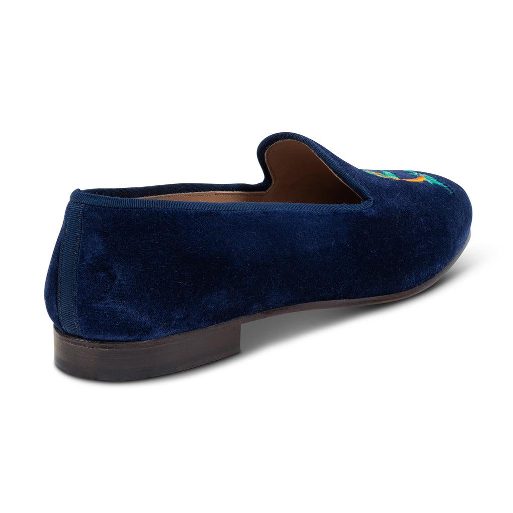 Our Storm Navy Velvet Slipper (Men) item is photographed here against a white background.