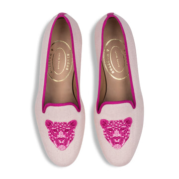 Our Jeweled Leopard Blush Linen Slipper (Women) item is photographed here against a white background.
