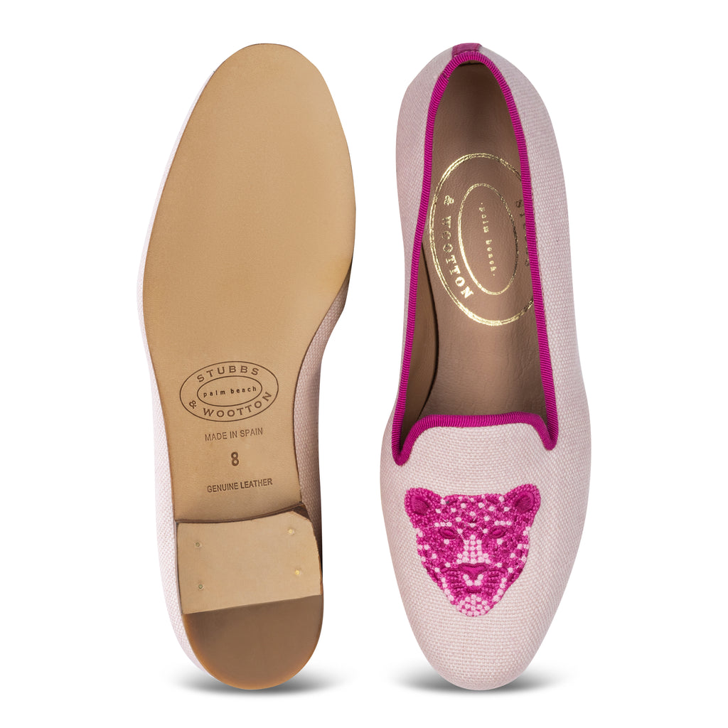 Our Jeweled Leopard Blush Linen Slipper (Women) item is photographed here against a white background.