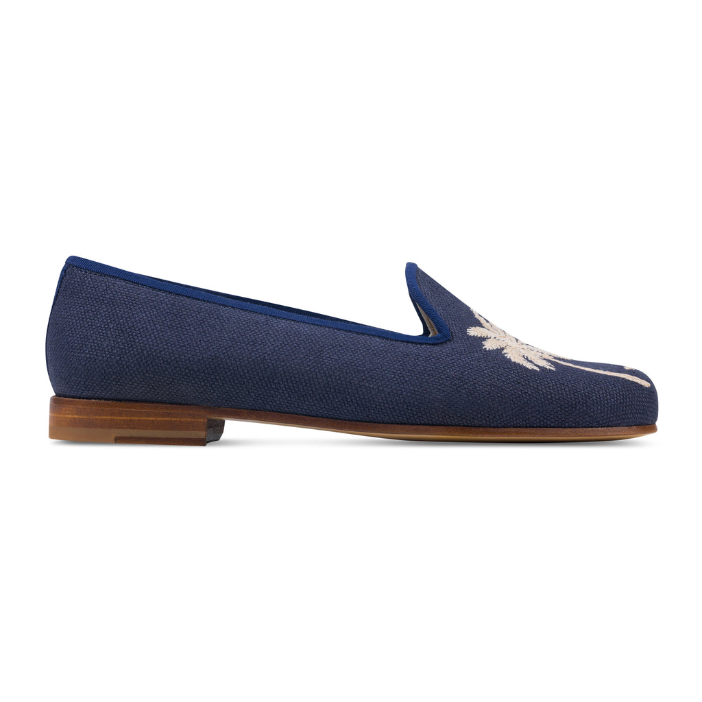 Our Palms Indigo Linen Slipper (Women) item is photographed here against a white background.