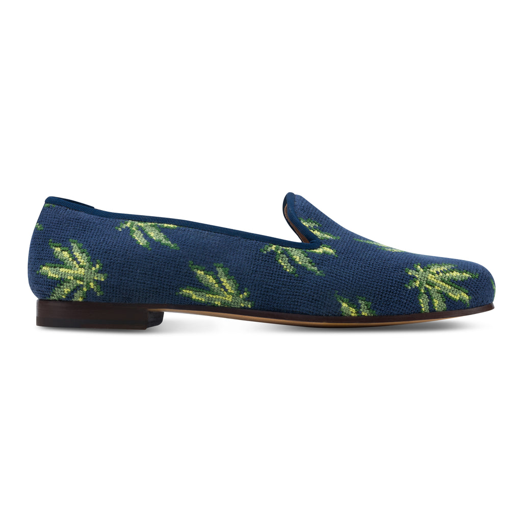 Our Hemp Navy Needlepoint Slipper (Women) item is photographed here against a white background.