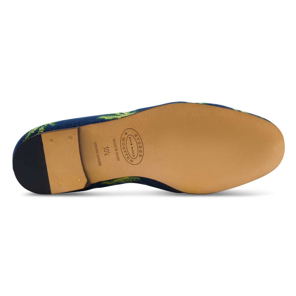 Our Hemp Navy Needlepoint Slipper (Women) item is photographed here against a white background.
