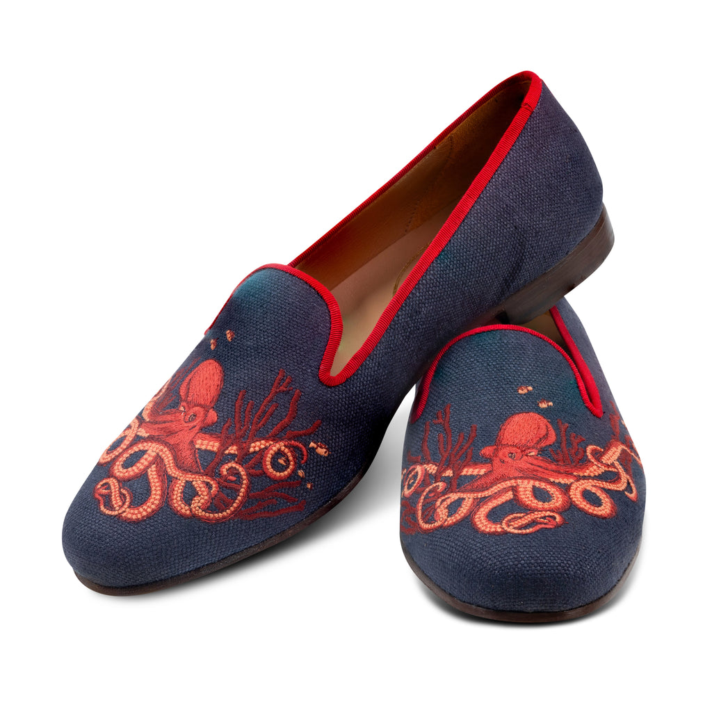 Our Octopus Navy Linen Slipper (Men) item is photographed here against a white background.