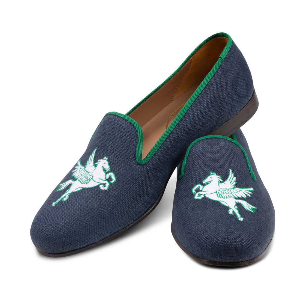 Our Pegasus Navy Linen Slipper (Men) item is photographed here against a white background.