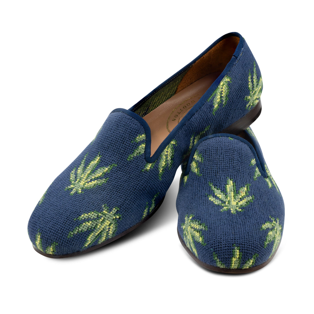 Our Hemp Navy Needlepoint Slipper (Women) item is photographed here against a white background.