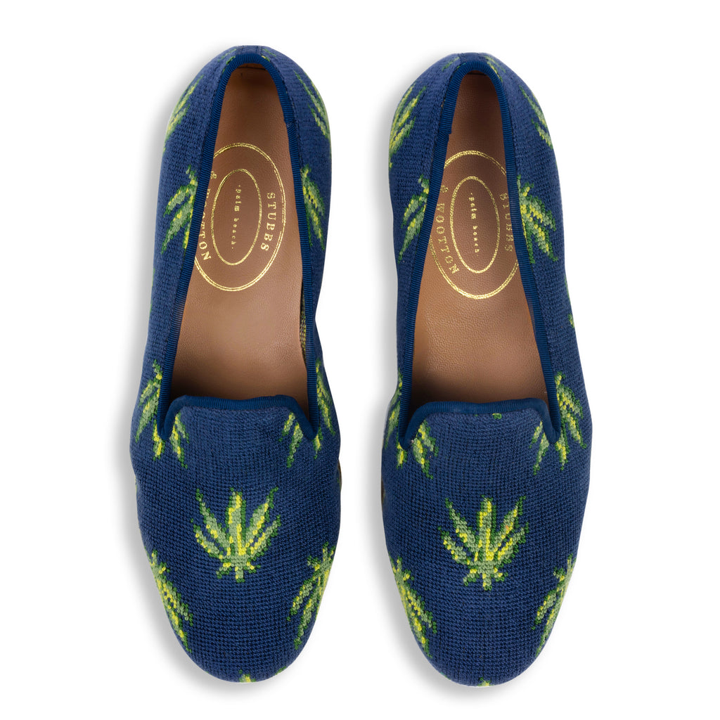 Our Hemp Navy Needlepoint Slipper (Women) item is photographed here against a white background.
