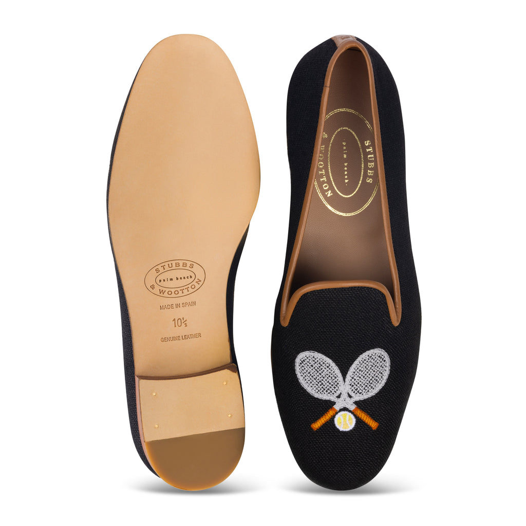 Our Tennis Noir Linen Slipper (Men) item is photographed here against a white background.