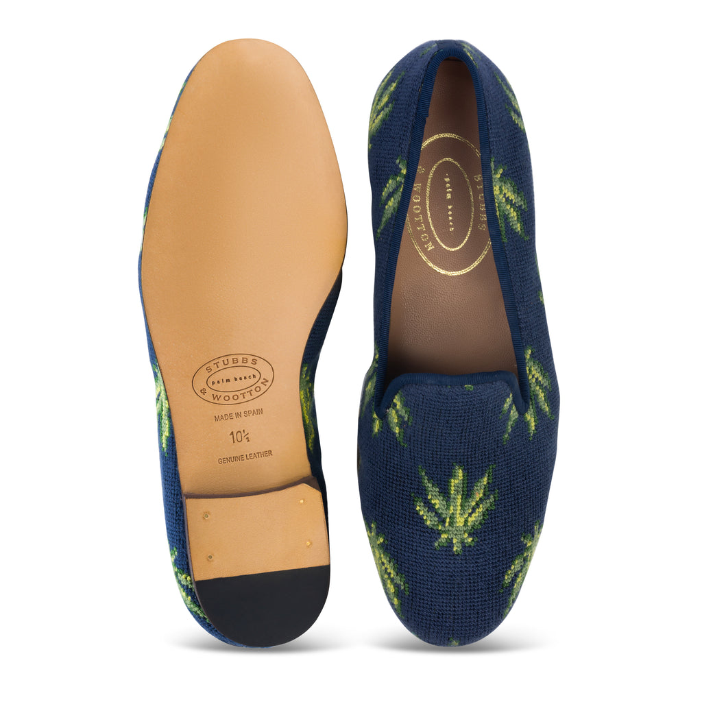 Our Hemp Navy Needlepoint Slipper (Women) item is photographed here against a white background.