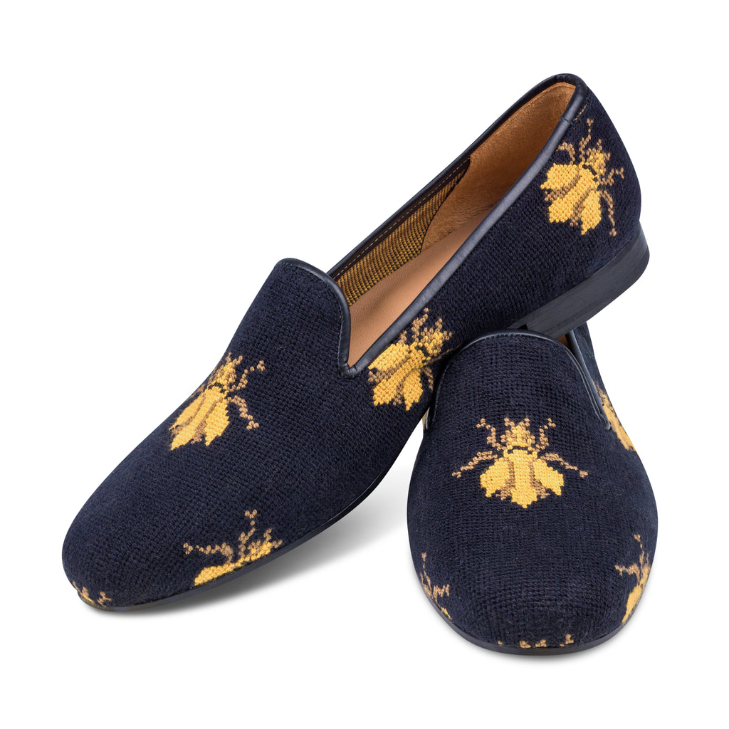 Our Bee Black Needlepoint Slipper (Men) item is photographed here against a white background.