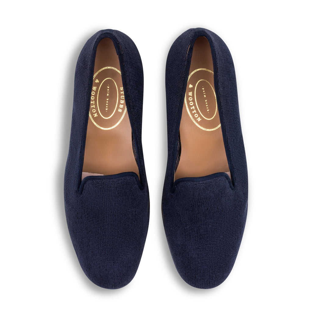 Our Navy Needlepoint Slipper (Men) item is photographed here against a white background.