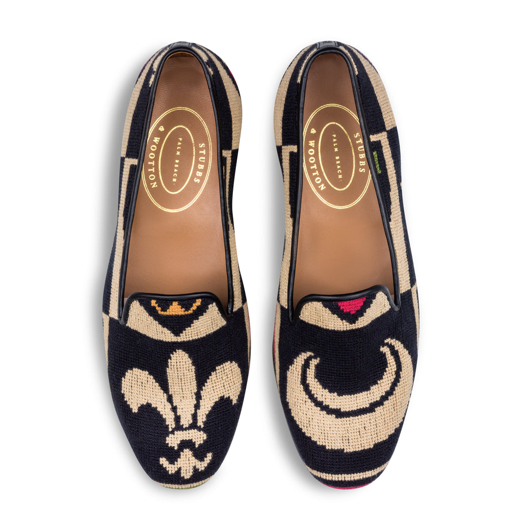 Our Crest Black Needlepoint Slipper (Men) item is photographed here against a white background.