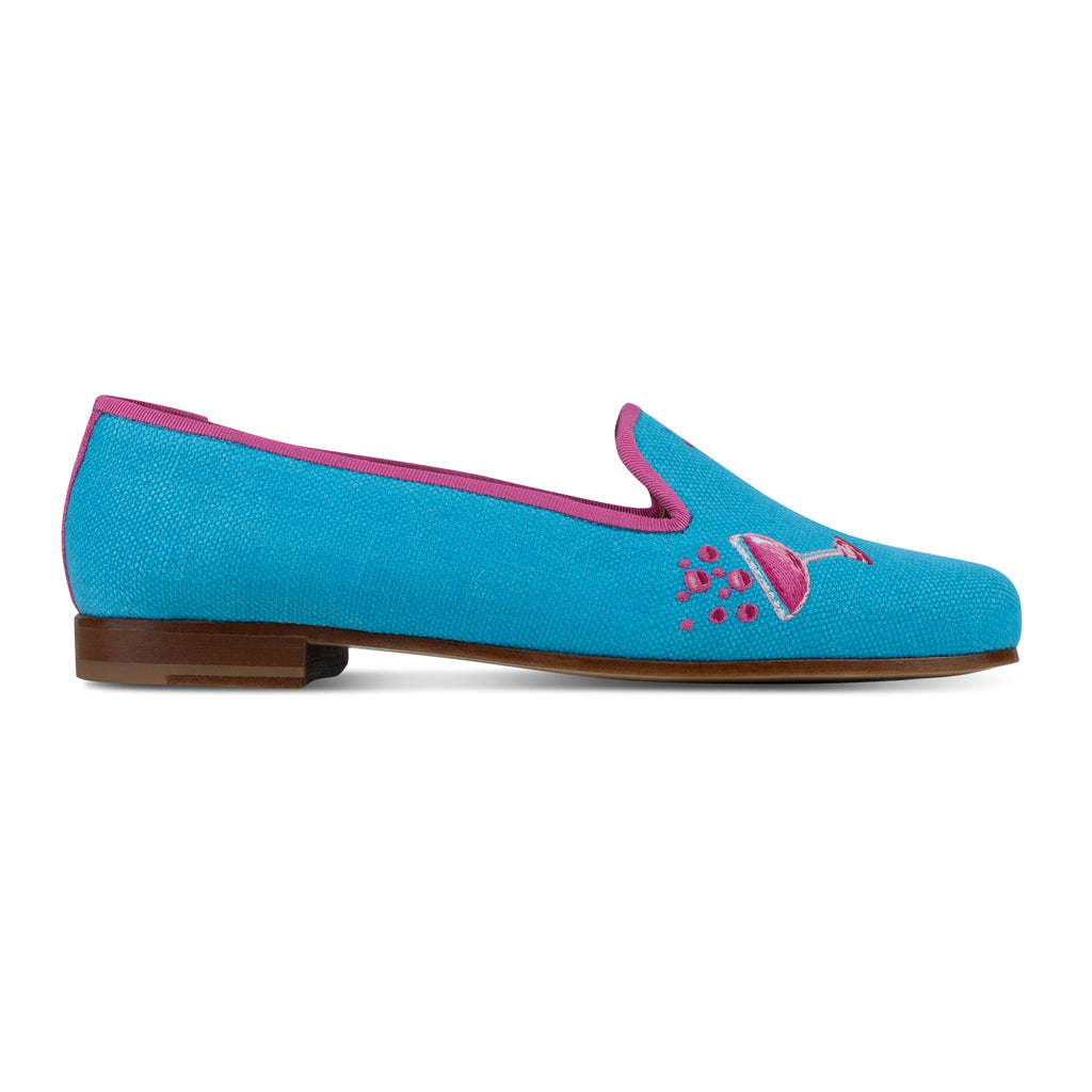 Our Celebrate Turquoise Linen Slipper (Women) item is photographed here against a white background.