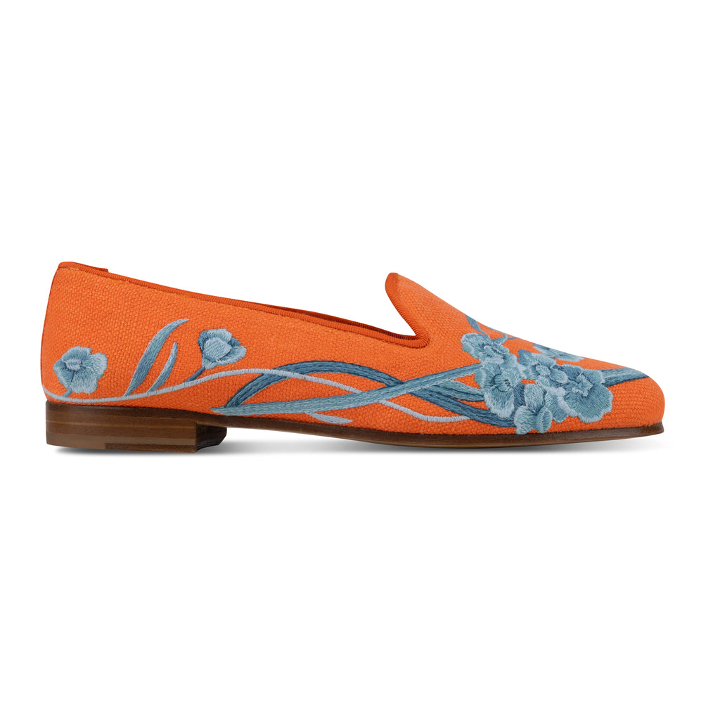 Our Anemone Orange Linen Slipper (Women) item is photographed here against a white background.